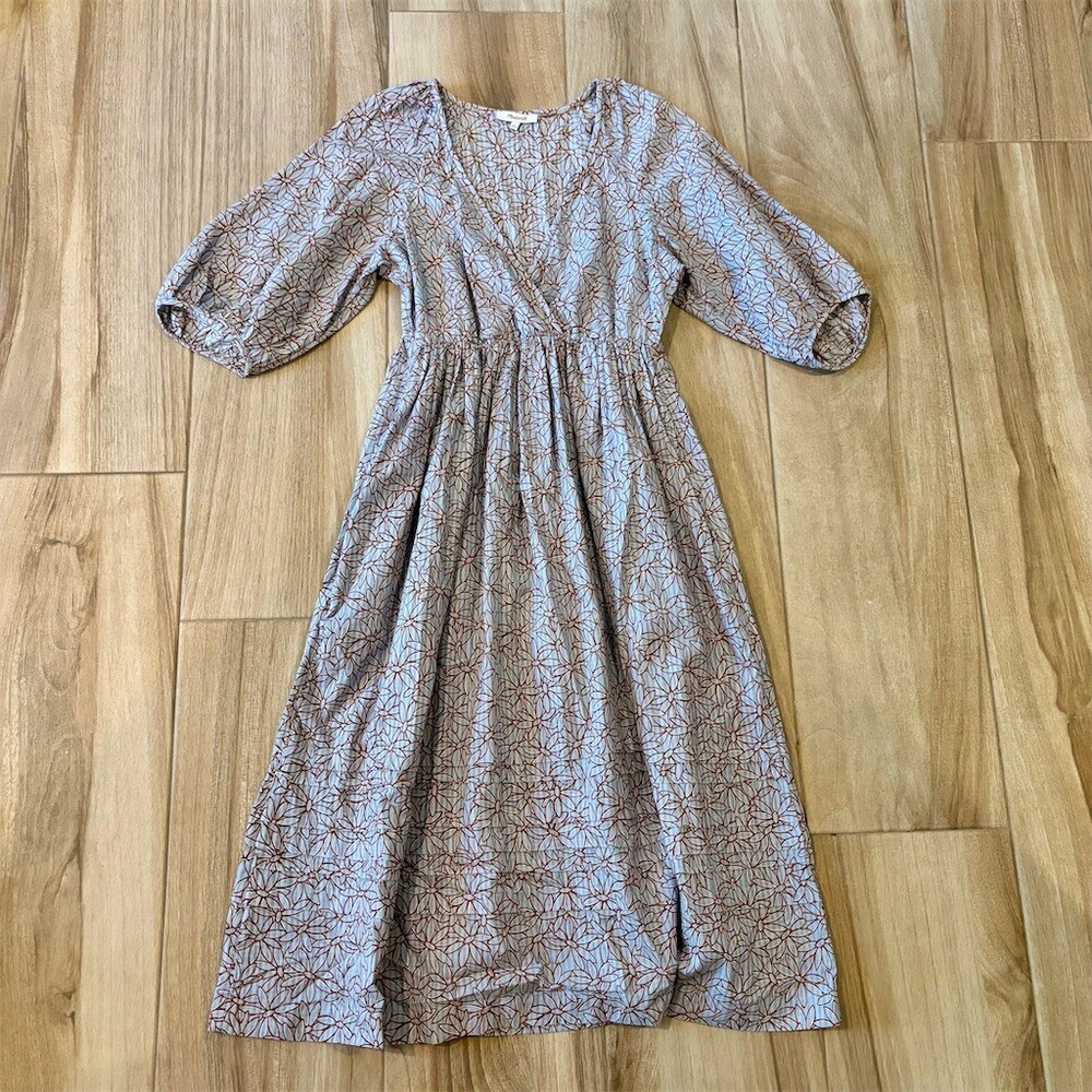 Madewell Marianna Midi Dress Womens Size S Blue Floral Puff Sleeve V-Neck